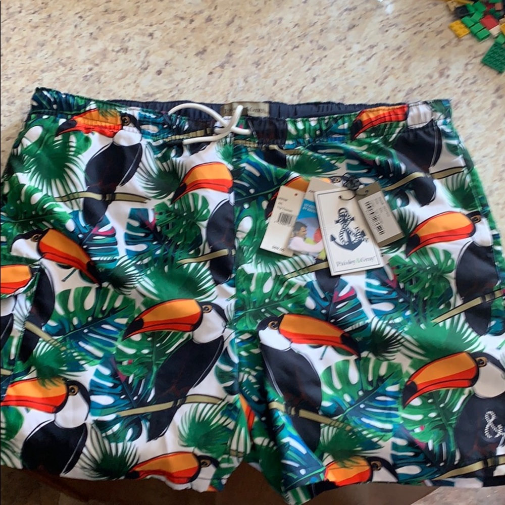 Paisley & Gray toucan swim trunks
